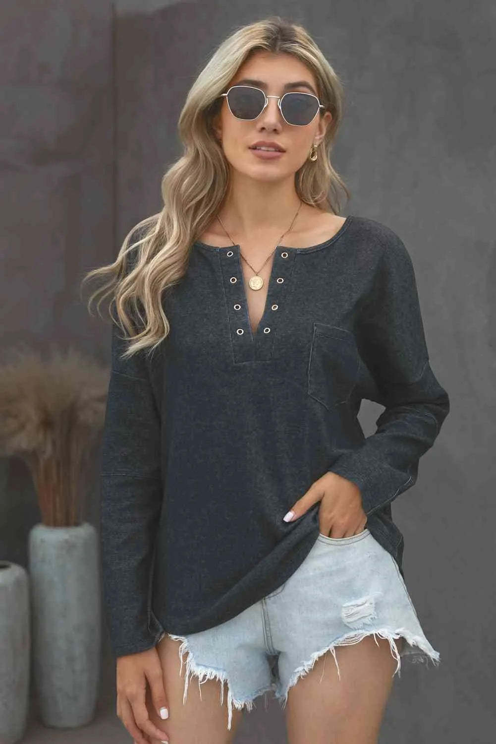 Grommet Long Sleeve V-Neck Top Blouses - Tophatter Daily Deals