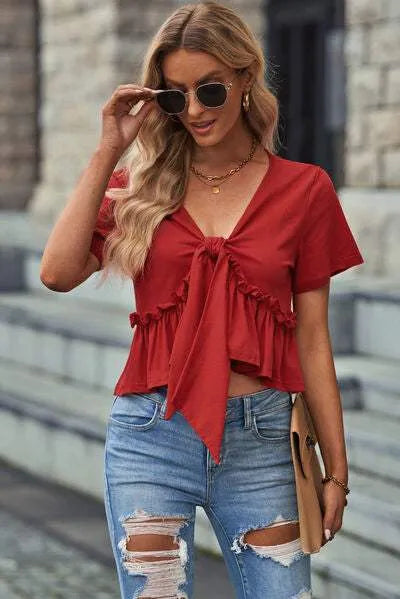 Frill Ruched V-Neck Short Sleeve T-Shirt Women's T-Shirts - Tophatter Daily Deals