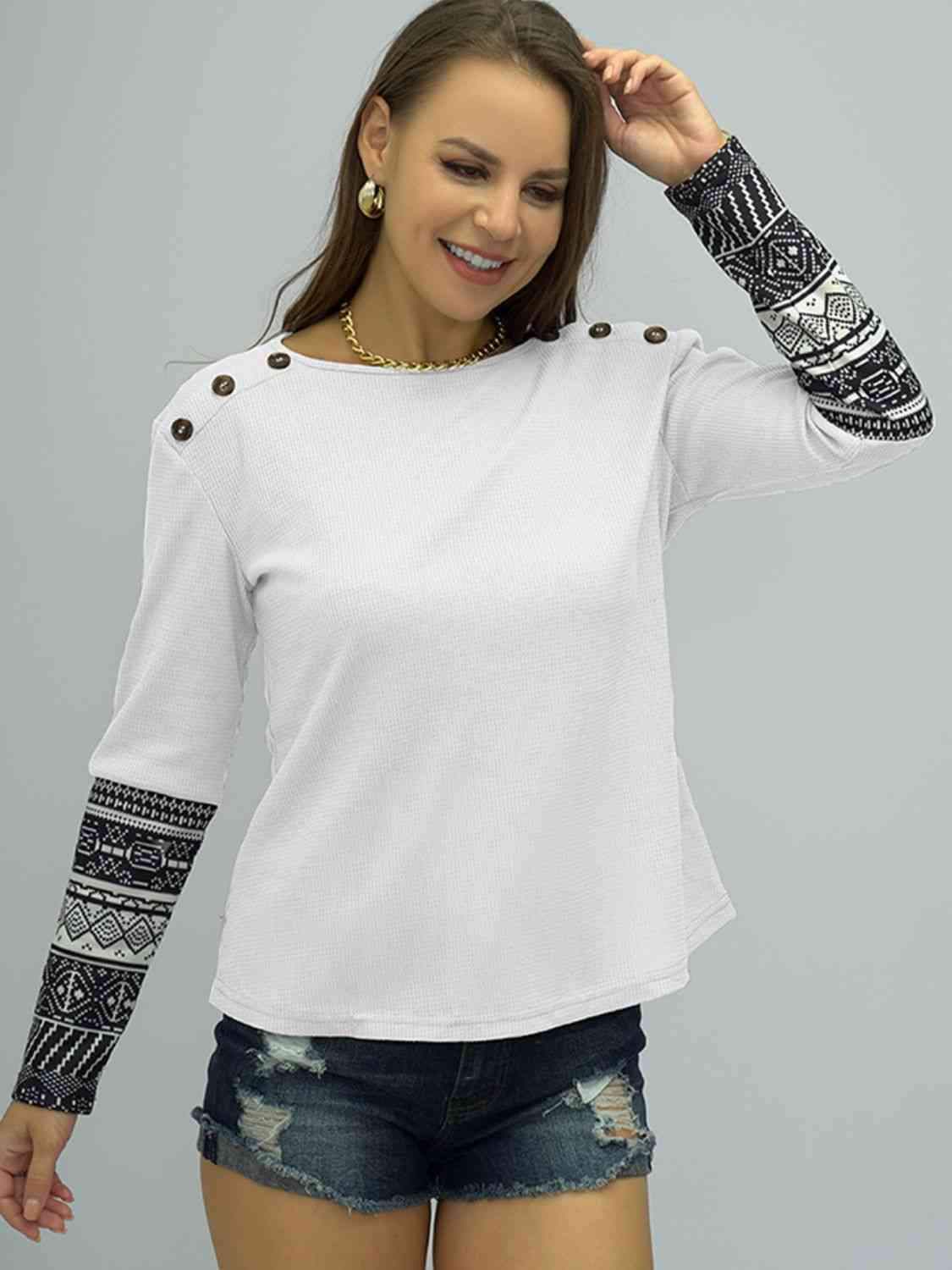 Printed Round Neck Buttoned Shoulder Tee Women's T-Shirts - Tophatter Daily Deals