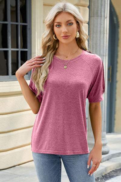 Round Neck Buttoned Short Sleeve T-Shirt Women's T-Shirts - Tophatter Daily Deals