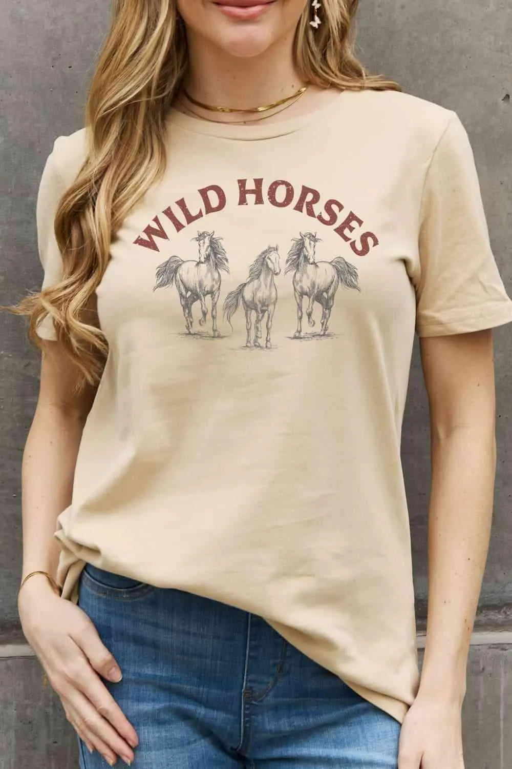 Simply Love WILD HORSES Graphic Cotton T-Shirt Taupe - Tophatter Daily Deals