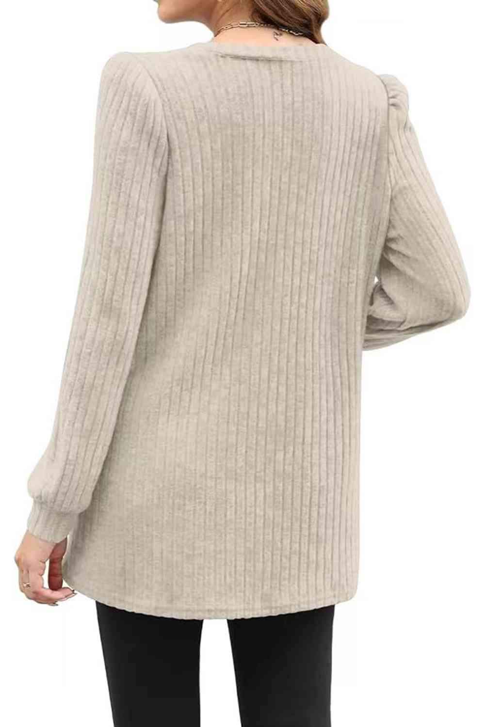 Ribbed Round Neck Long Sleeve T-Shirt Women's T-Shirts - Tophatter Daily Deals