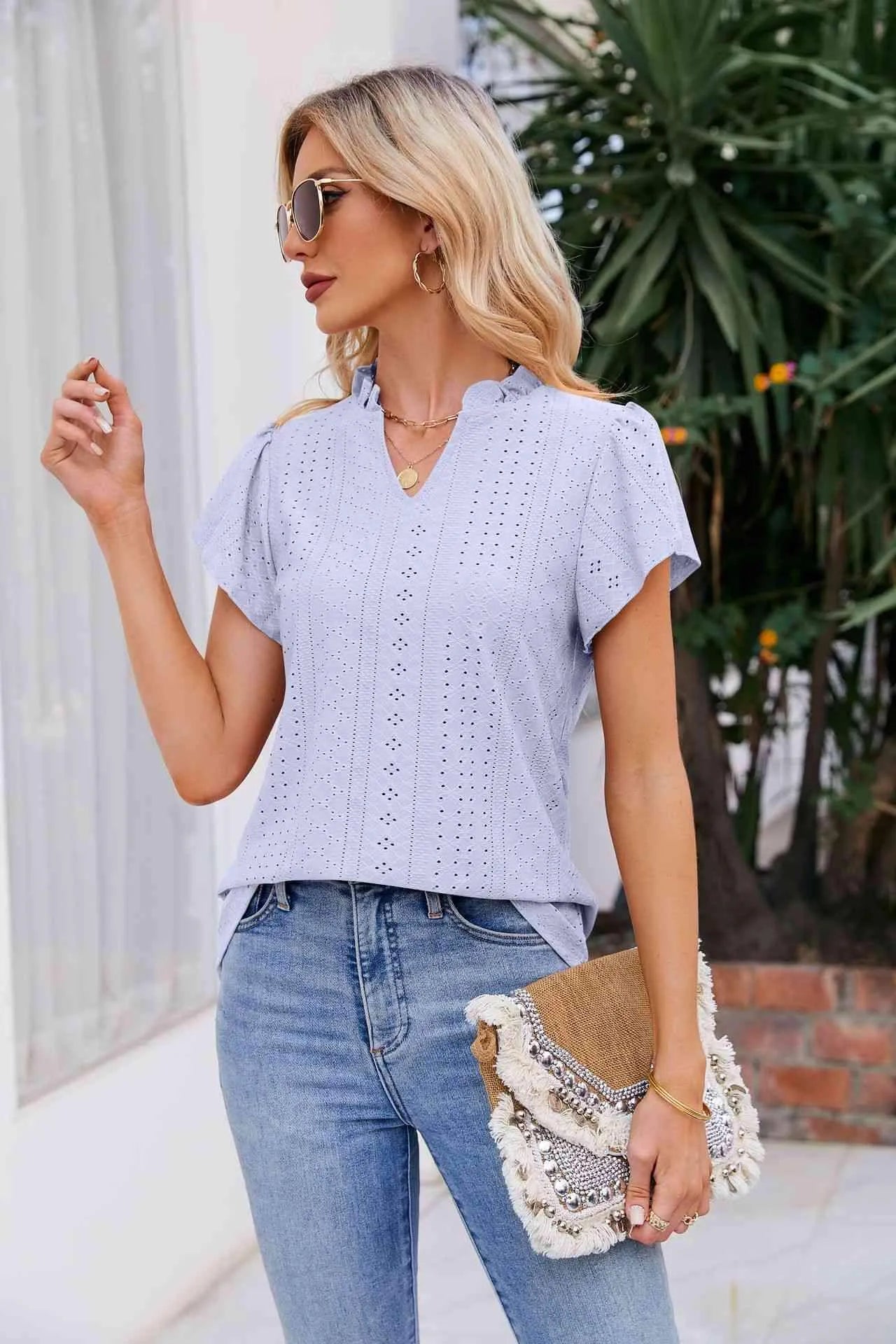 Notched Neck Puff Sleeve Blouse Blouses - Tophatter Daily Deals