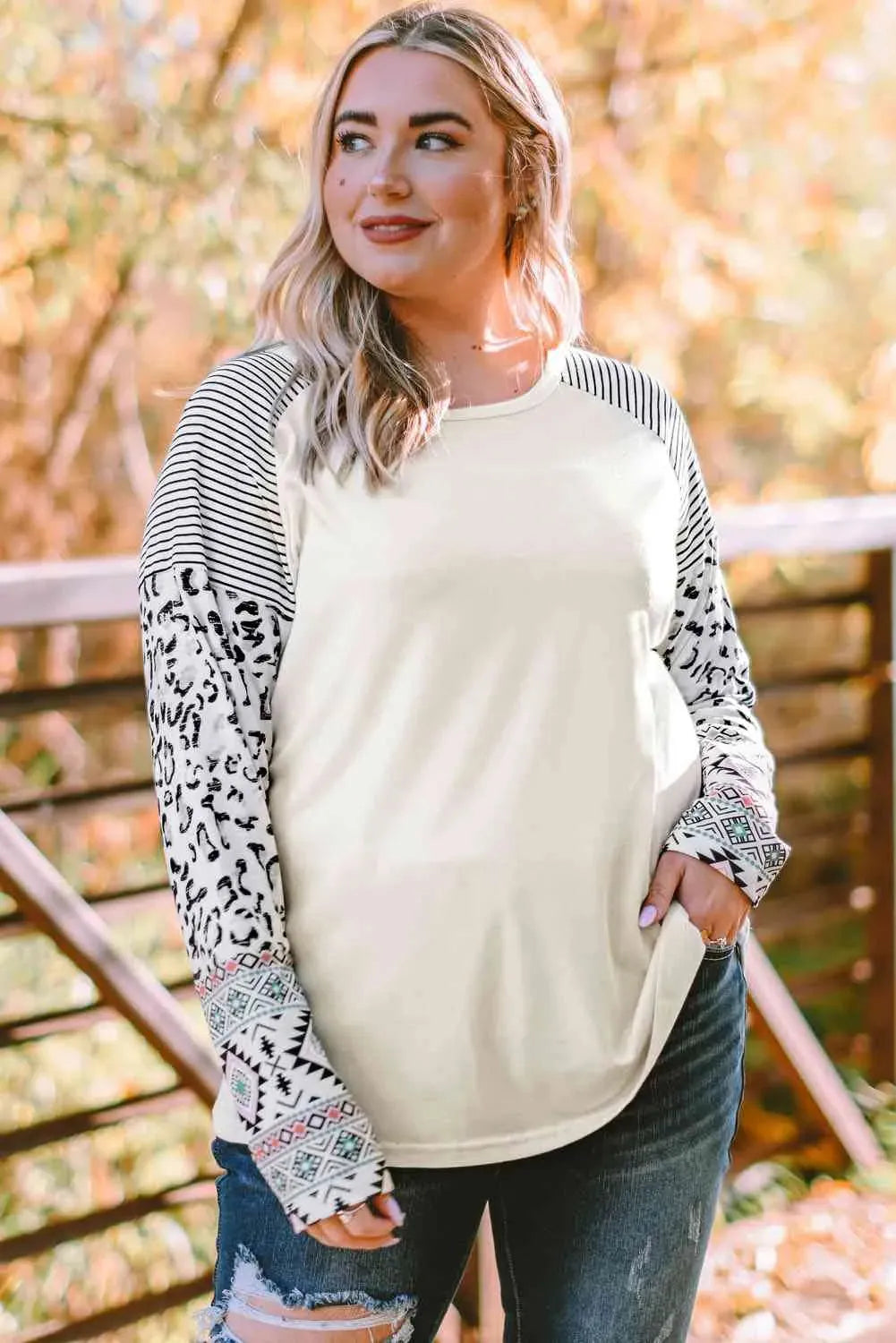 Plus Size Mixed Print Raglan Sleeve Round Neck Top Blouses - Tophatter Daily Deals