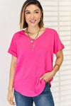 Zenana V-Neck Rolled Short Sleeve T-Shirt Hot Pink Blouses - Tophatter Daily Deals