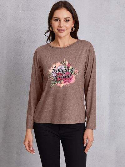 AMAZING GRACE Round Neck Long Sleeve T-Shirt Mocha Women's T-Shirts - Tophatter Daily Deals