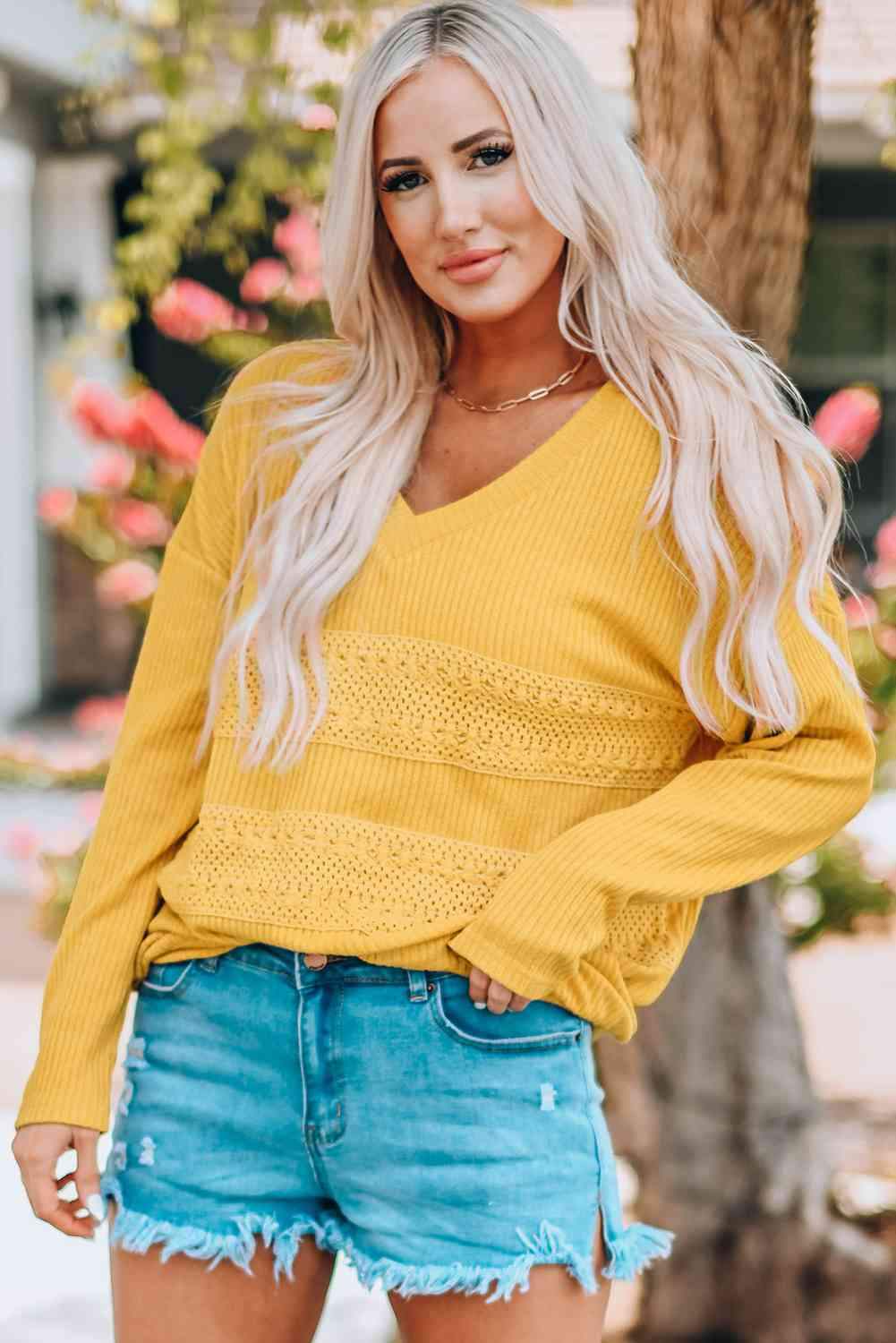 Ribbed Lace Trim V-Neck Top Mustard Blouses - Tophatter Daily Deals