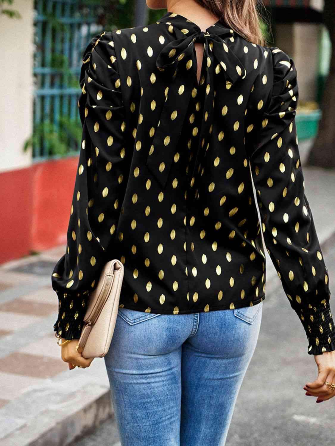 Printed Mock Neck Lantern Sleeve Blouse Blouses - Tophatter Daily Deals