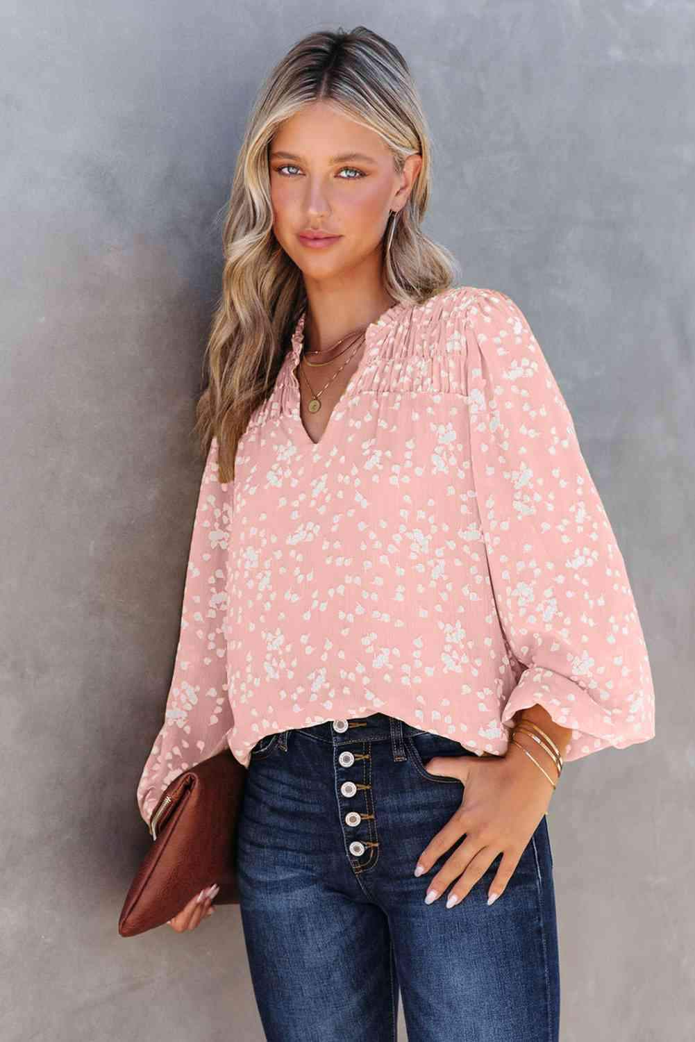 Double Take Printed Notched Neck Smocked Blouse Blouses - Tophatter Daily Deals