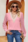 Openwork V-Neck Long Sleeve T-Shirt Blush Pink Women's T-Shirts - Tophatter Daily Deals