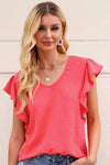 V-Neck Tied Flutter Sleeve Blouse Strawberry Blouses - Tophatter Daily Deals