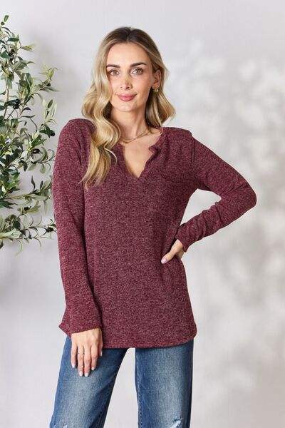 Heimish Full Size Notched Long Sleeve Top Burgundy Blouses - Tophatter Daily Deals