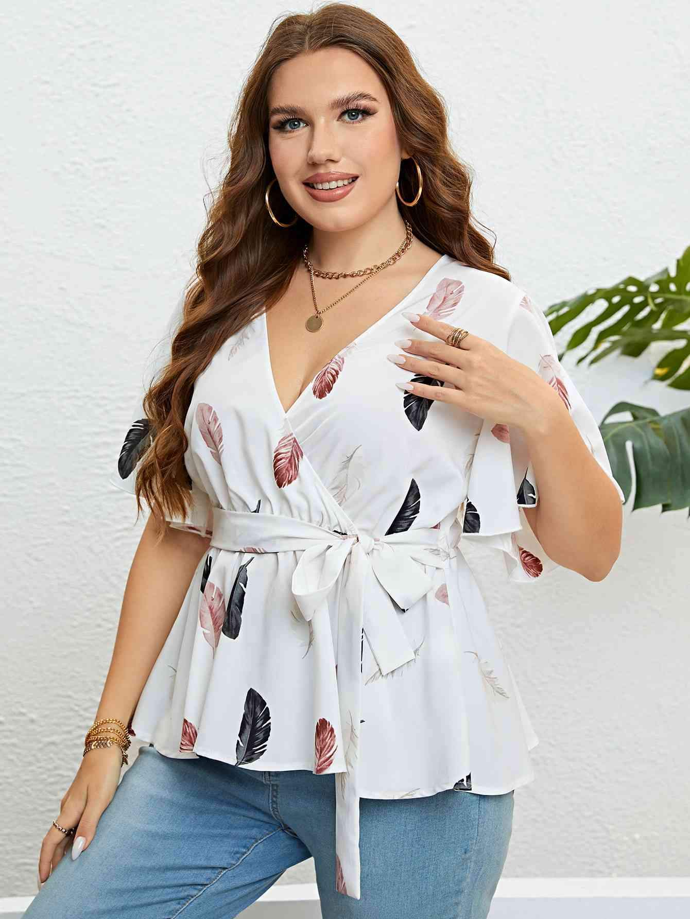 Feather Print Tied Flutter Sleeve Blouse White Blouses - Tophatter Daily Deals