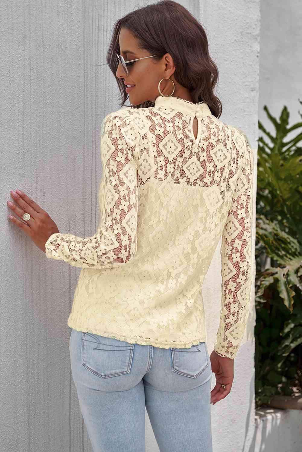 Mock Neck Long Sleeve Lace Top Blouses - Tophatter Daily Deals