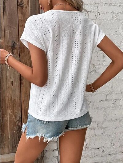 Eyelet V-Neck Short Sleeve T-Shirt Women's T-Shirts - Tophatter Daily Deals