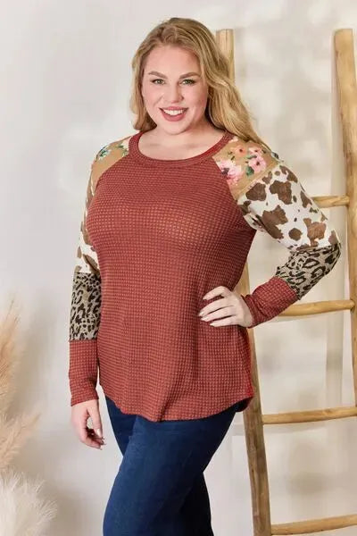 Hailey & Co Full Size Leopard Waffle-Knit Blouse Blouses - Tophatter Daily Deals