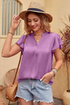 Flutter Sleeve Notched Neck Satin Blouse Purple Blouses - Tophatter Daily Deals