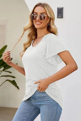 Smocked Round Neck Flutter Sleeve T-Shirt Women's T-Shirts - Tophatter Daily Deals