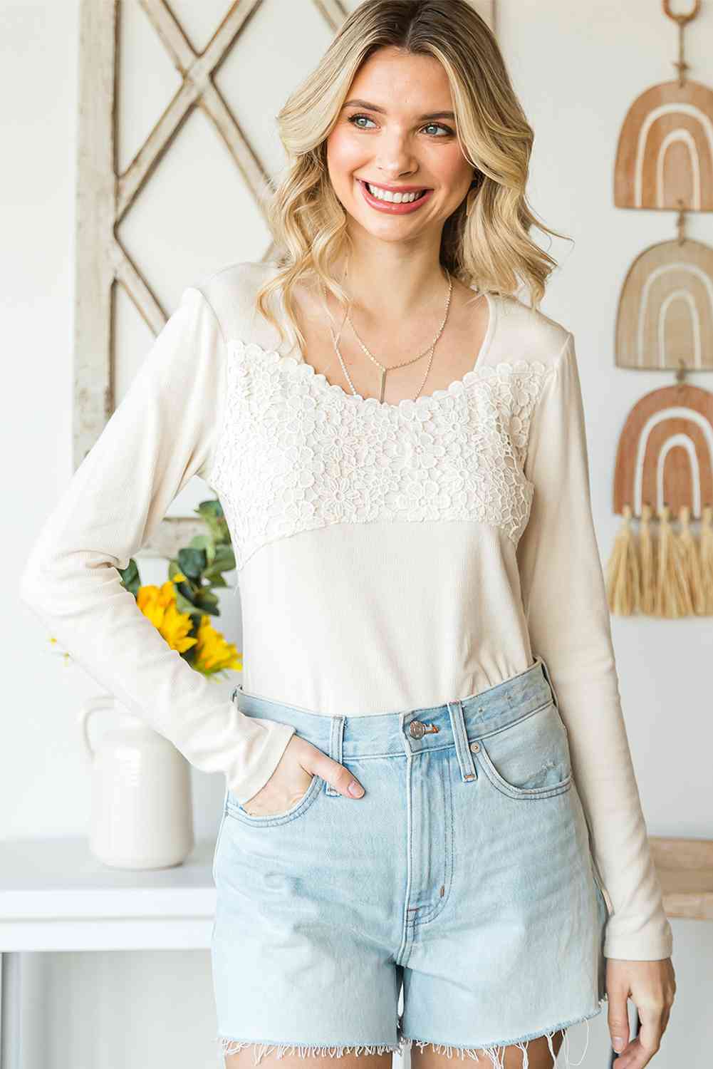 Double Take Lace Crochet Long Sleeve Top Women's T-Shirts - Tophatter Daily Deals