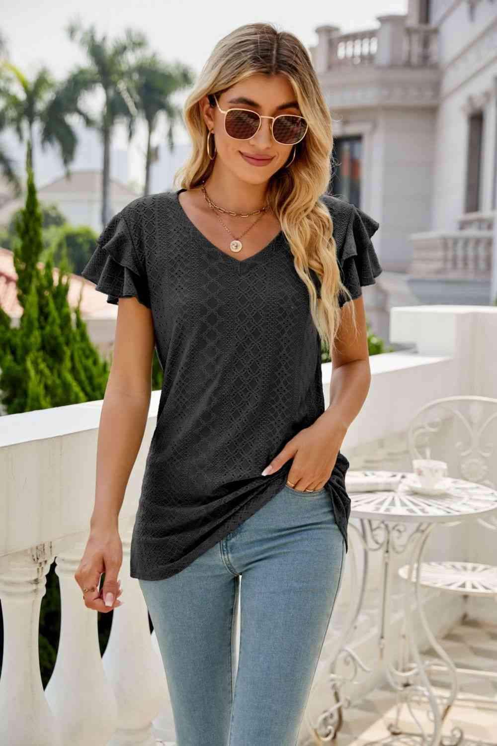 Eyelet Layered Flutter Sleeve V-Neck Top Blouses - Tophatter Daily Deals