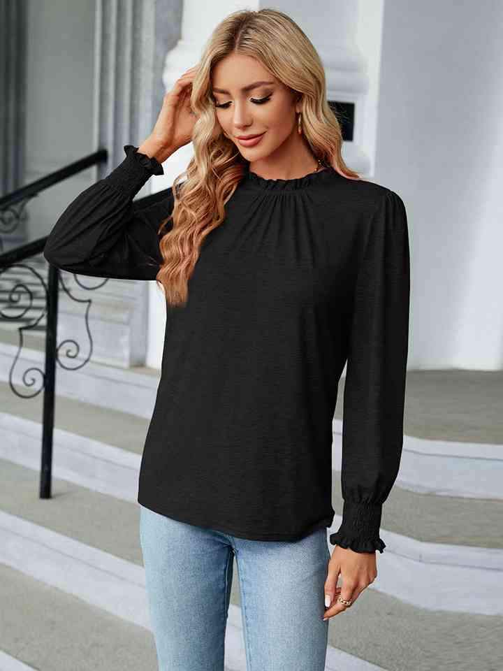 Round Neck Flounce Sleeve Blouse Blouses - Tophatter Daily Deals