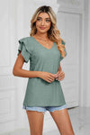 Eyelet Layered Flutter Sleeve V-Neck Knit Top Blouses - Tophatter Daily Deals