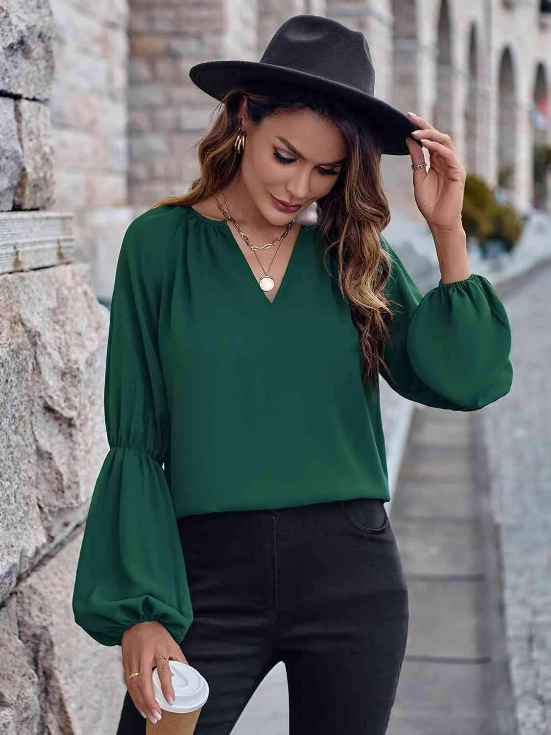 Notched Neck Long Sleeve Top Green Blouses - Tophatter Daily Deals
