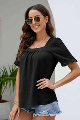 Frill Trim Puff Sleeve Square Neck Blouse Blouses - Tophatter Daily Deals