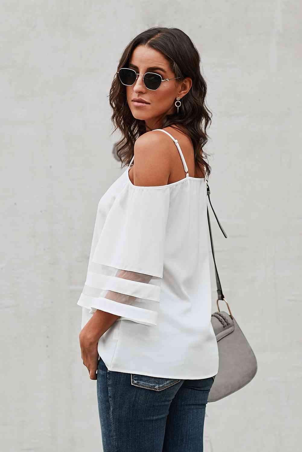 Cold-Shoulder Three-Quarter Flare Sleeve Blouse Blouses - Tophatter Daily Deals