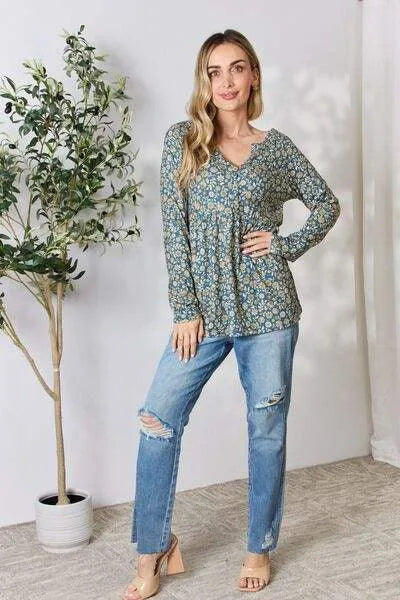 Heimish Full Size Floral Half Button Long Sleeve Blouse Blouses - Tophatter Daily Deals