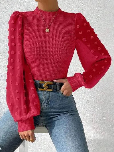 Swiss Dot Waffle-Knit Lantern Sleeve T-Shirt Women's T-Shirts - Tophatter Daily Deals