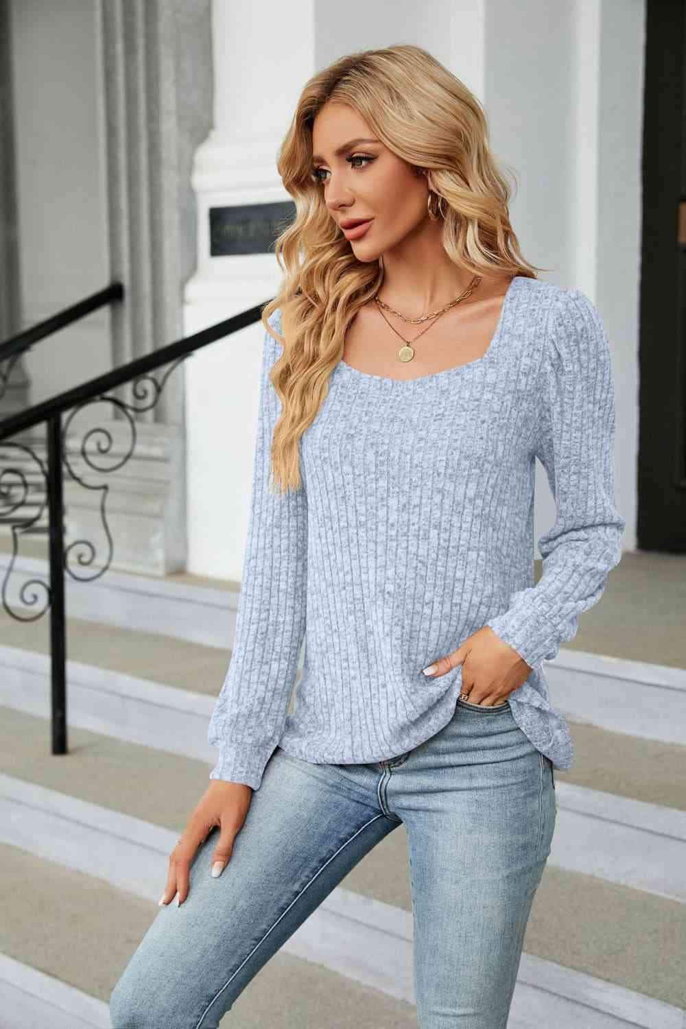 Ribbed Square Neck Long Sleeve T-Shirt Women's T-Shirts - Tophatter Daily Deals