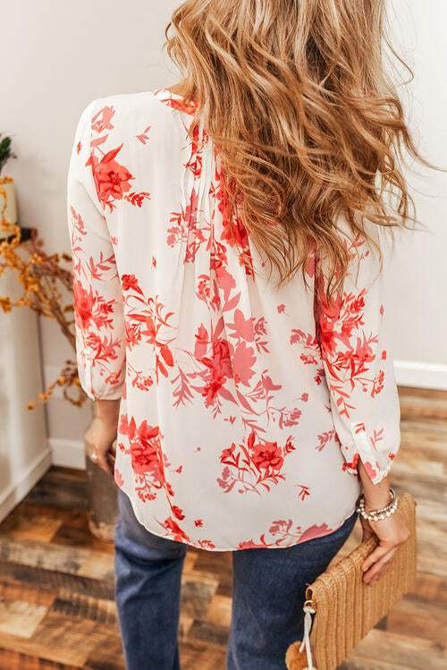 Floral Notched Long Sleeve Blouse Blouses - Tophatter Daily Deals