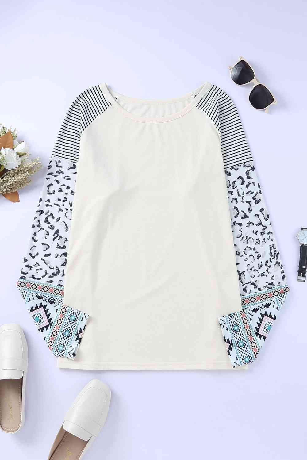 Plus Size Mixed Print Raglan Sleeve Round Neck Top Blouses - Tophatter Daily Deals