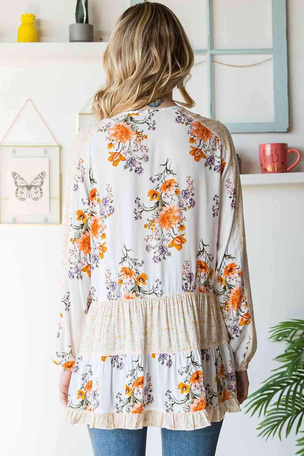 Floral Tie Neck Tiered Blouse Blouses - Tophatter Daily Deals