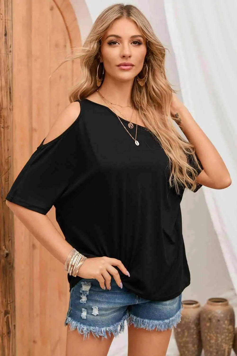 Asymmetrical Neck Cold-Shoulder Half Sleeve Blouse Black Blouses - Tophatter Daily Deals
