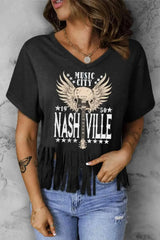 MUSIC CITY 1950 NASHVILLE Graphic Fringe Hem Tee Women's T-Shirts - Tophatter Daily Deals