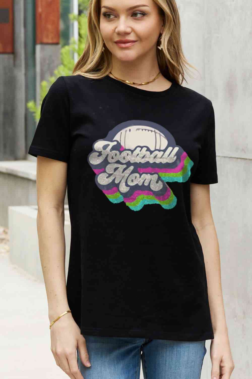 Simply Love Full Size FOOTBALL MOM Graphic Cotton Tee Black Women's T-Shirts - Tophatter Daily Deals