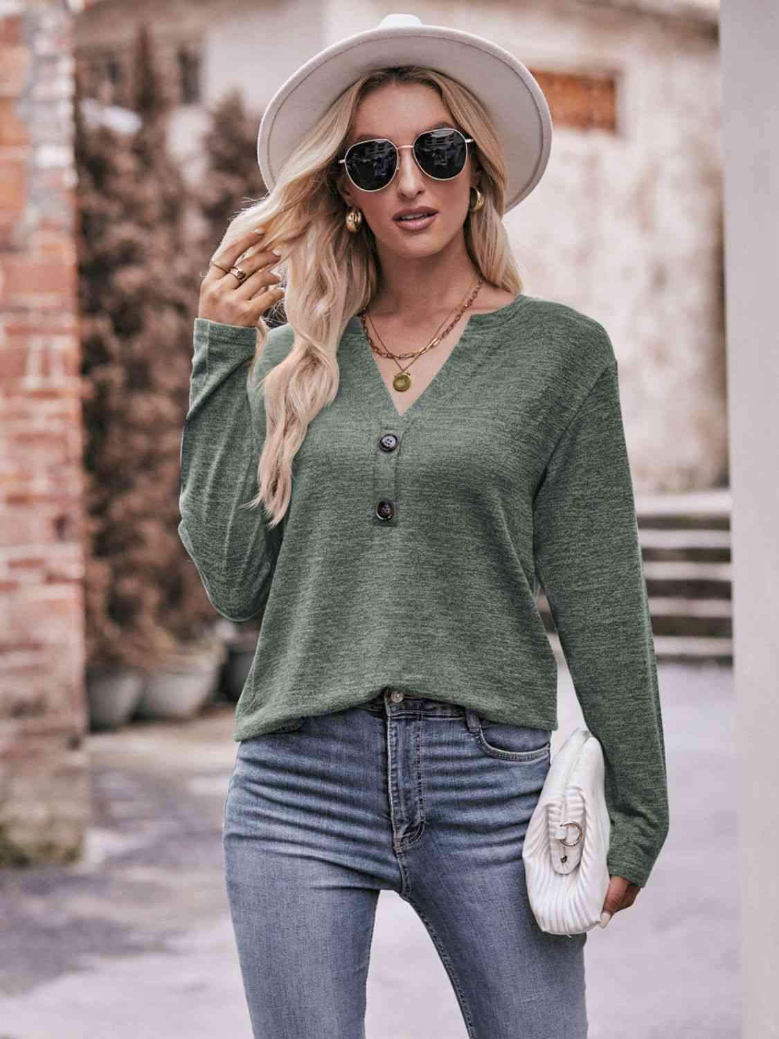 Double Take Buttoned Notched Neck Long Sleeve Top Blouses - Tophatter Daily Deals