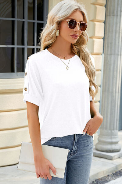 Round Neck Buttoned Short Sleeve T-Shirt Women's T-Shirts - Tophatter Daily Deals