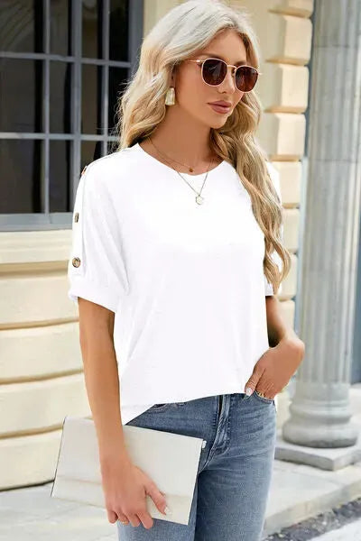 Round Neck Buttoned Short Sleeve T-Shirt Women's T-Shirts - Tophatter Daily Deals