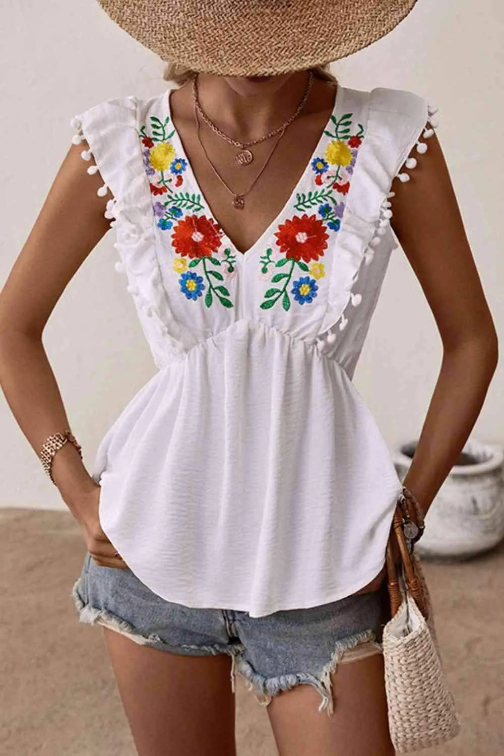 Embroidered Pom-Pom Trim Cap Sleeve Babydoll Top Blouses - Tophatter Daily Deals