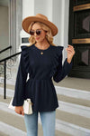 Round Neck Ruffled Peplum Blouse Navy Blouses - Tophatter Daily Deals