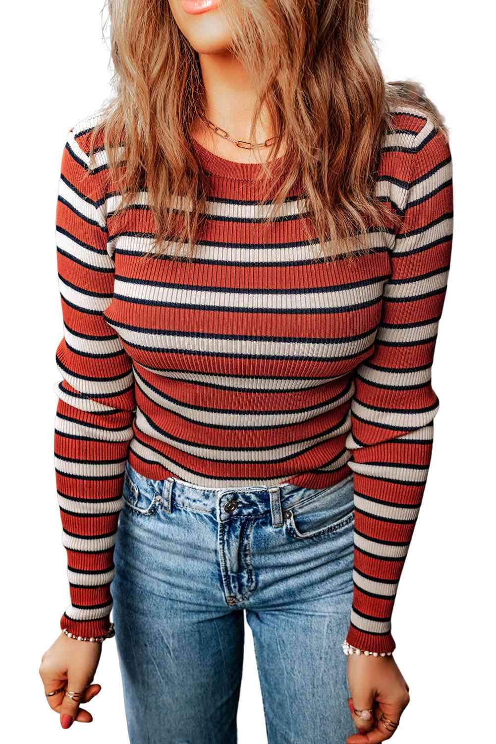 Double Take Striped Round Neck Long Sleeve Top Blouses - Tophatter Daily Deals