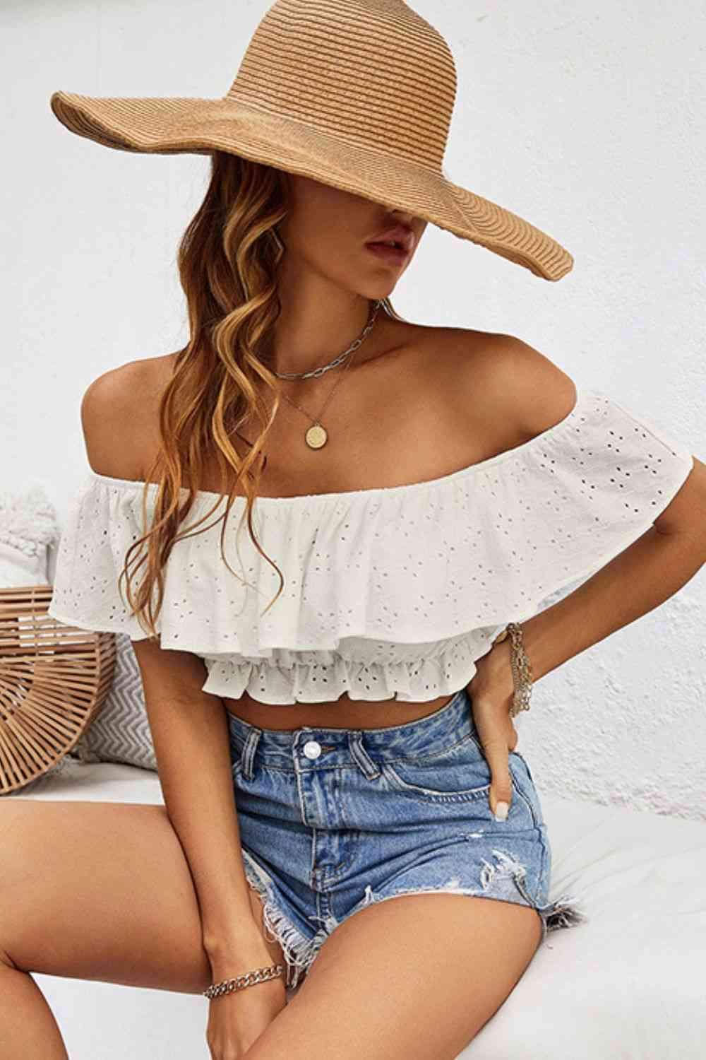 Eyelet Layered Off-Shoulder Cropped Blouse Blouses - Tophatter Daily Deals