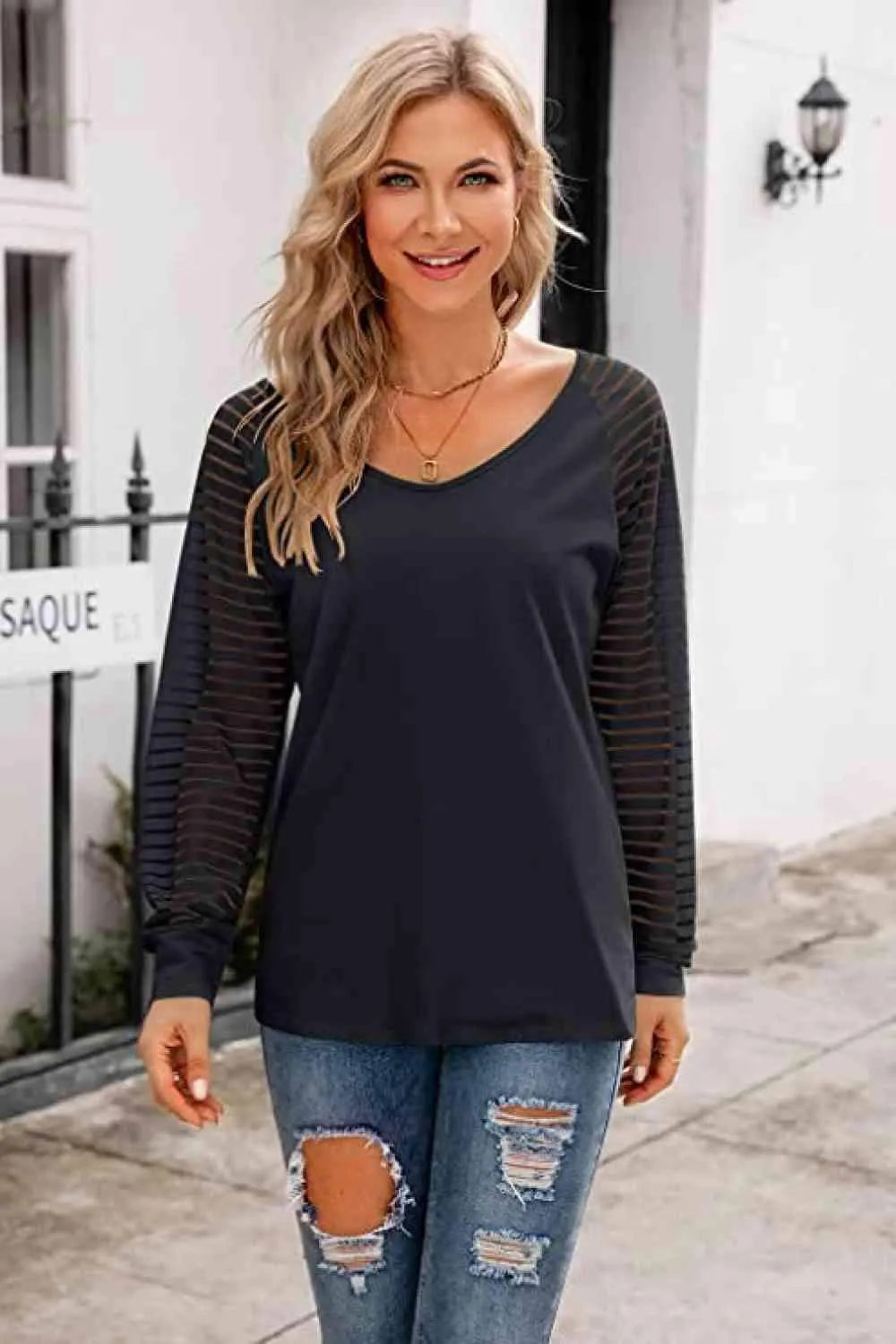 V-Neck Long Raglan Sleeve Top Black Blouses - Tophatter Daily Deals