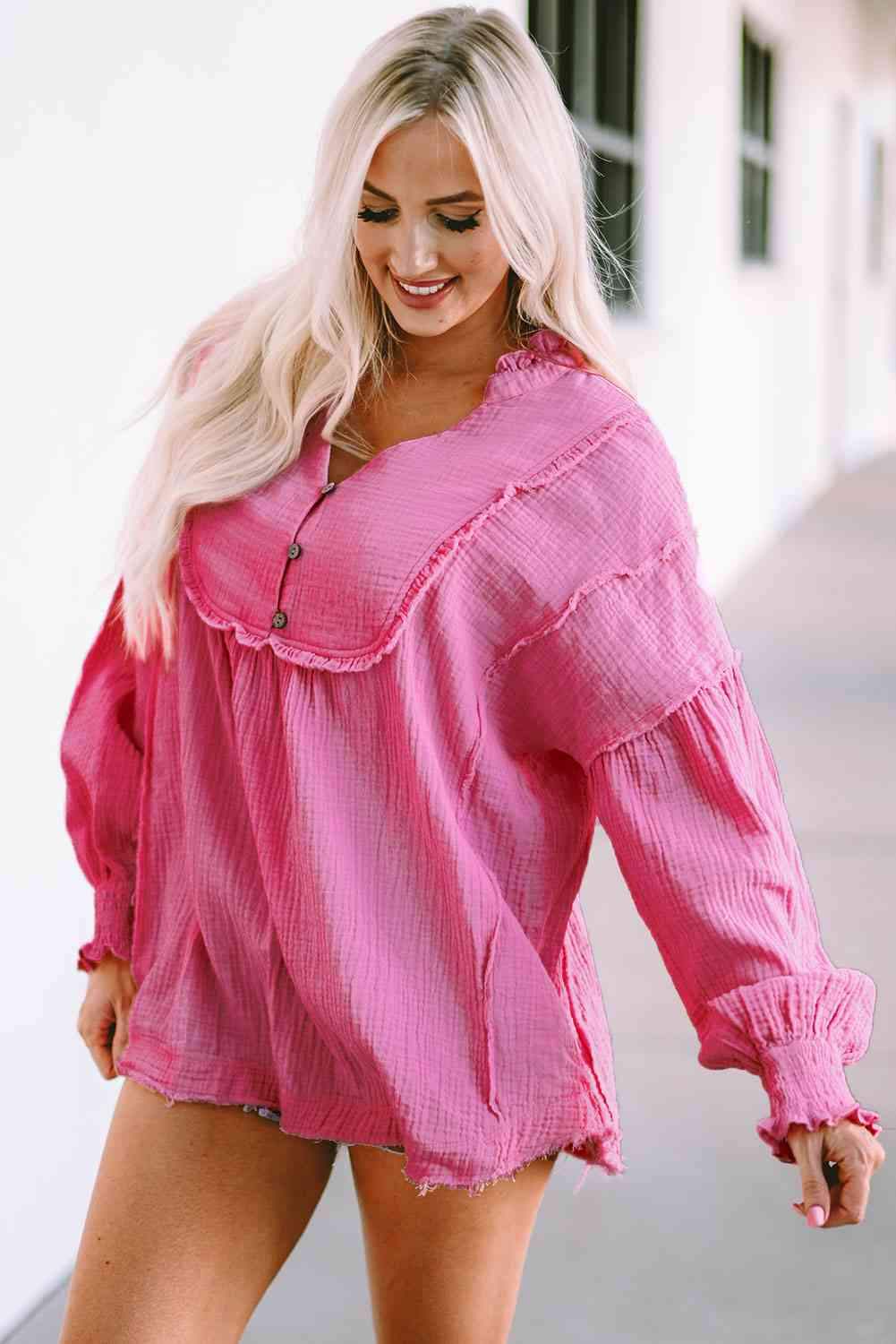 Exposed Seam Buttoned Notched Neck Blouse Fuchsia Pink Blouses - Tophatter Daily Deals