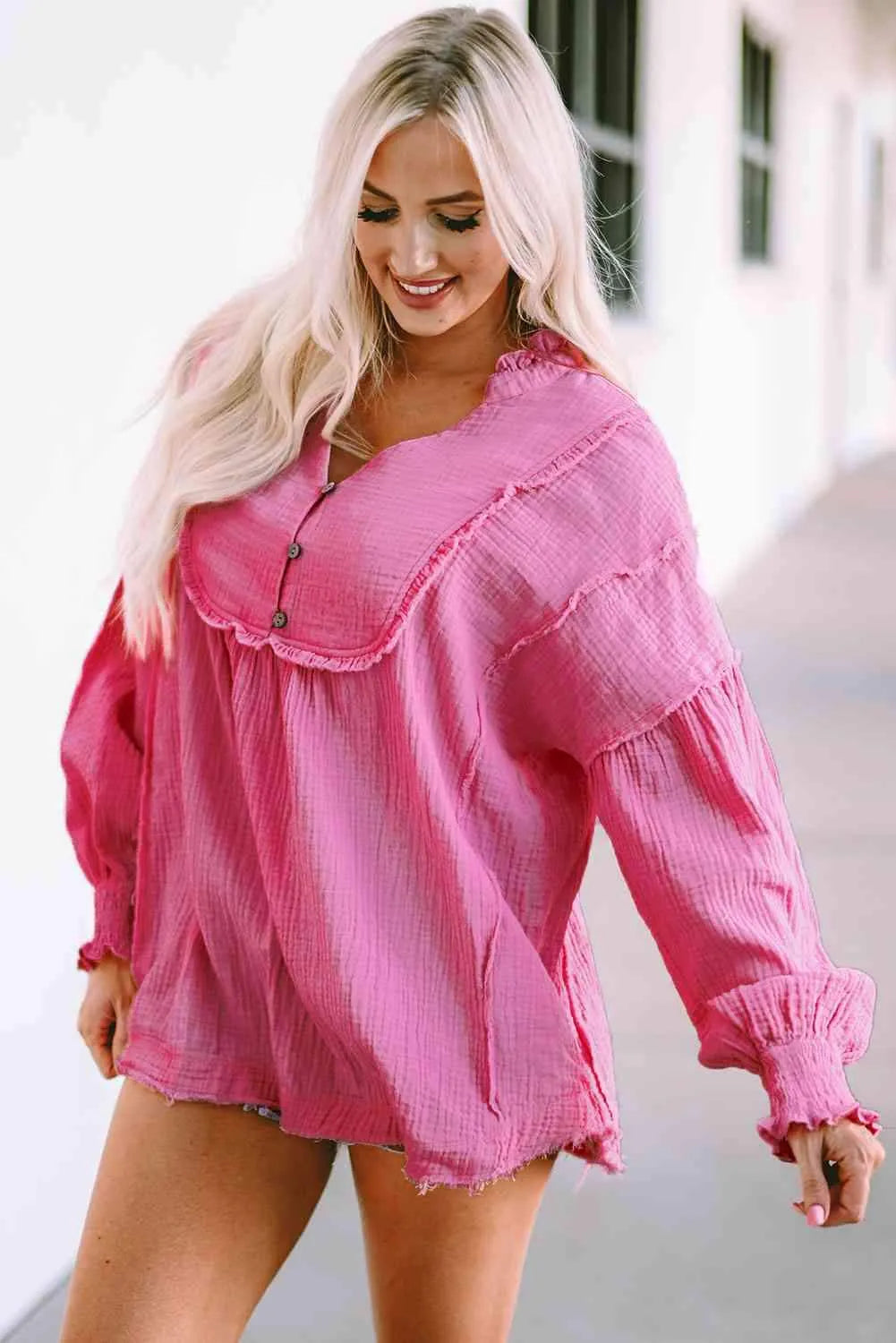 Exposed Seam Buttoned Notched Neck Blouse Fuchsia Pink Blouses - Tophatter Daily Deals