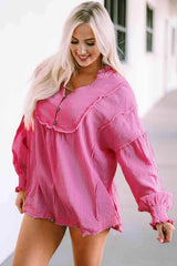 Exposed Seam Buttoned Notched Neck Blouse Fuchsia Pink Blouses - Tophatter Daily Deals
