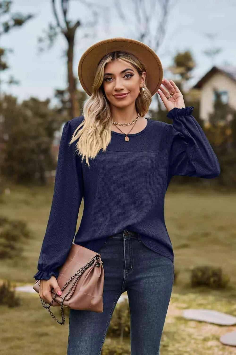 Round Neck Puff Sleeve Blouse Navy Blouses - Tophatter Daily Deals